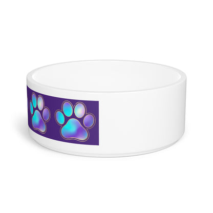 Paw Print Ceramic Pet Bowl — Iridescent Blue Purple Paw Pattern