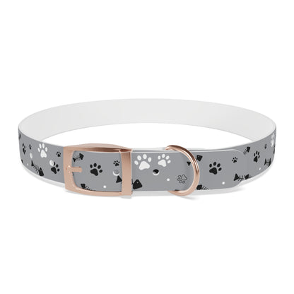 Grey Paw Print Dog Collar — Cute Bone & Paw Design, Durable Adjustable Pet Collar