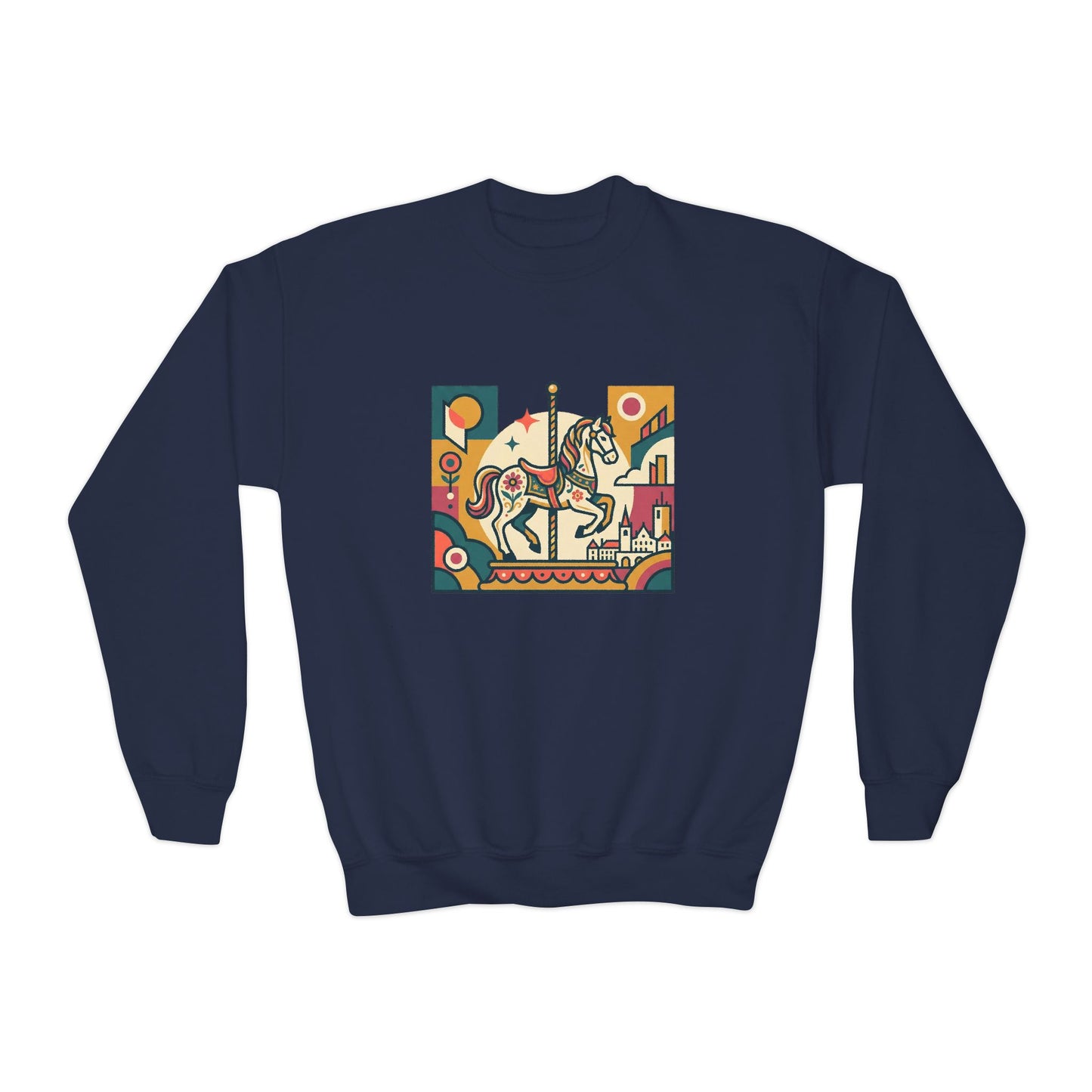 Youth Crewneck Sweatshirt — Retro Carousel Horse Graphic