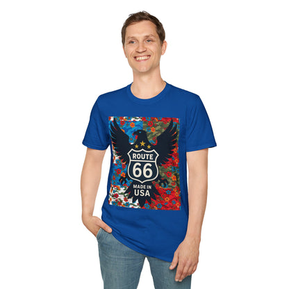 Route 66 Made in USA T-Shirt — Vintage Eagle Floral Roadtrip Tee- camo flower combo T-shirt