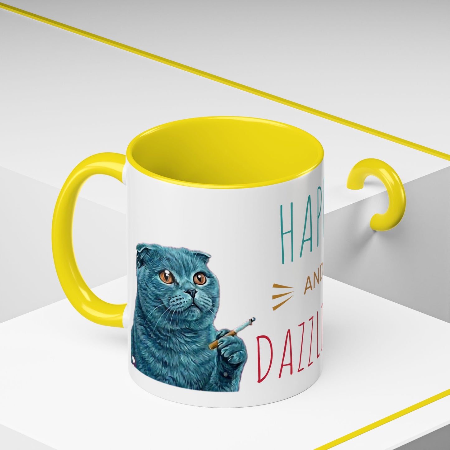 Happy and Dazzling Accent Coffee Mug — Cute Cat Art, Motivational Tea & Coffee Cup (free shipping)