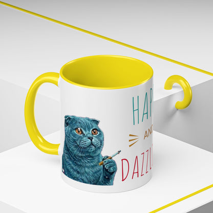 Happy and Dazzling Accent Coffee Mug — Cute Cat Art, Motivational Tea & Coffee Cup (free shipping)