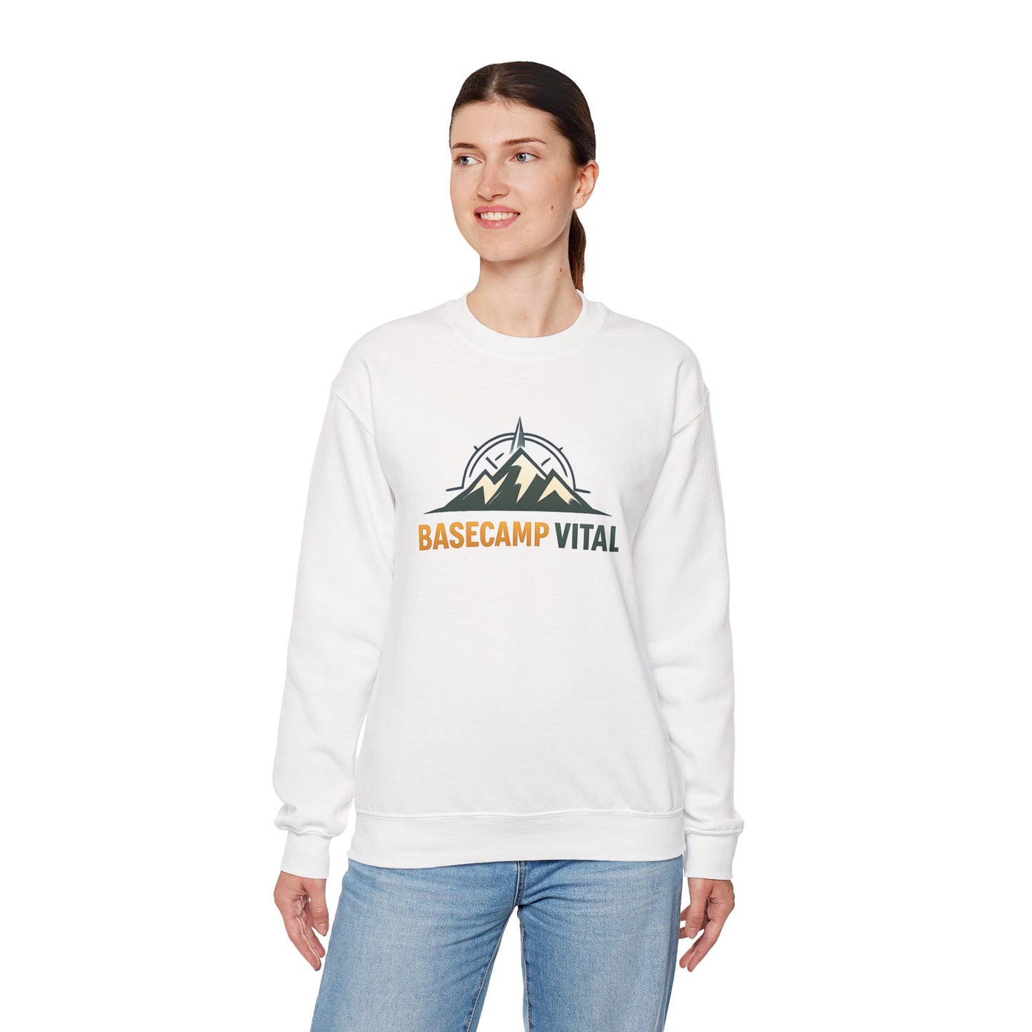 Base Camp Vital Mountain Embroidered Crewneck Sweatshirt | Cozy Hiking & Camping Pullover | 50/50 Midweight  Vital Mountain Crewneck Sweatshirt — Outdoor Adventure Logo Pullover (free shipping)