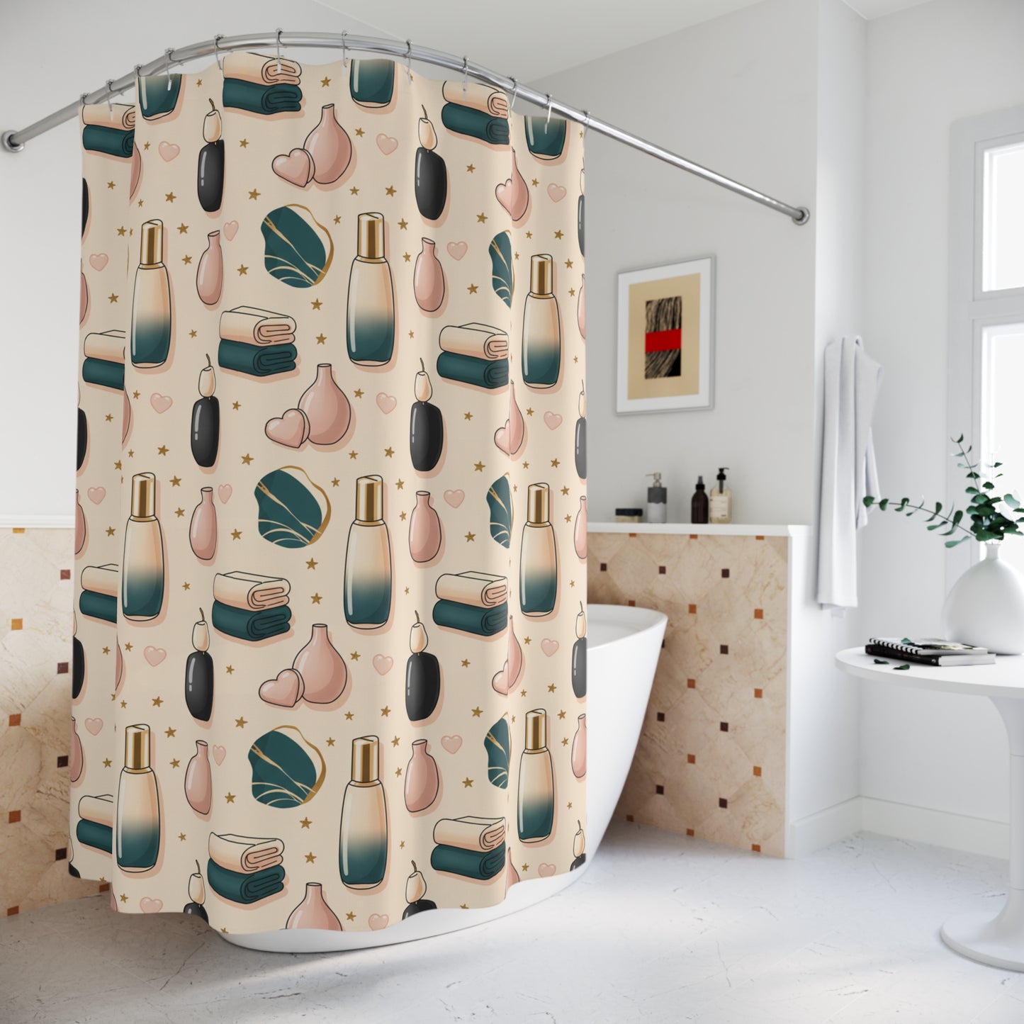 Spa Bathroom Shower Curtain — Relaxing Bath Icons Pattern (Candles, Towels, Bottles) (free shipping)