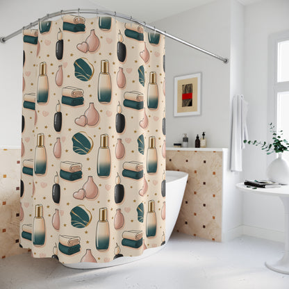 Spa Bathroom Shower Curtain — Relaxing Bath Icons Pattern (Candles, Towels, Bottles) (free shipping)