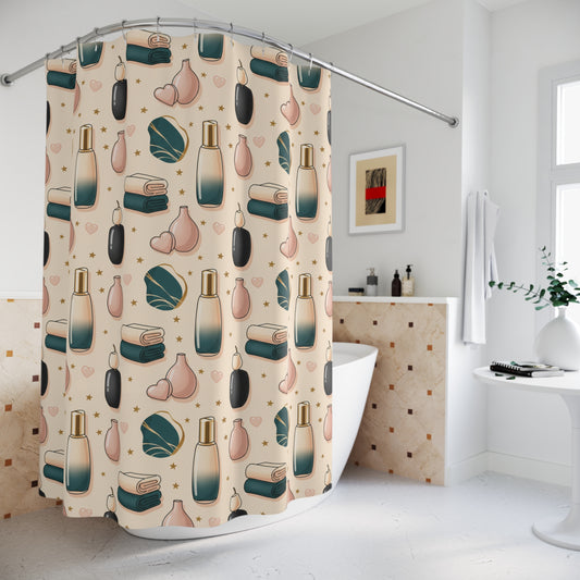 Spa Bathroom Shower Curtain — Relaxing Bath Icons Pattern (Candles, Towels, Bottles) (free shipping)