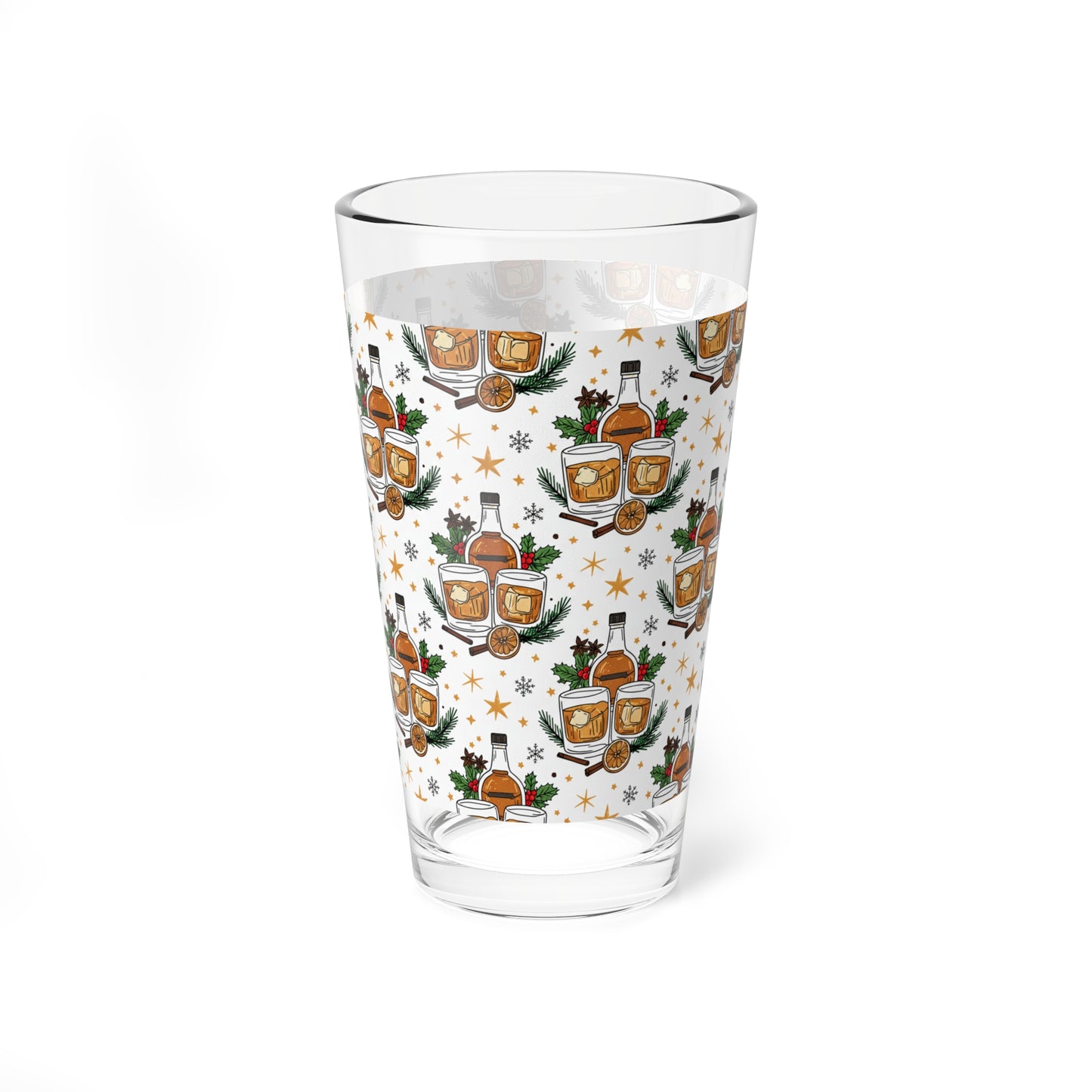 Whiskey Holiday Mixing Glass — 16oz Festive Cocktail Mixing Glass with Bottle & Glass Pattern (Free Shipping)