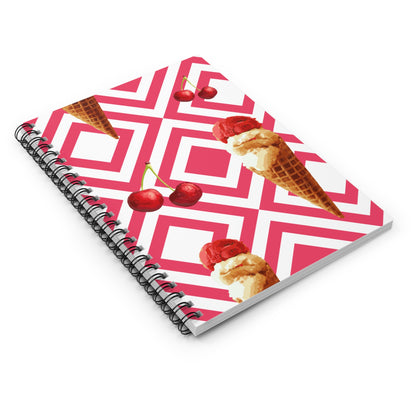 Cherry Ice Cream Cone Spiral Notebook — Pink Geometric Ruled Journal