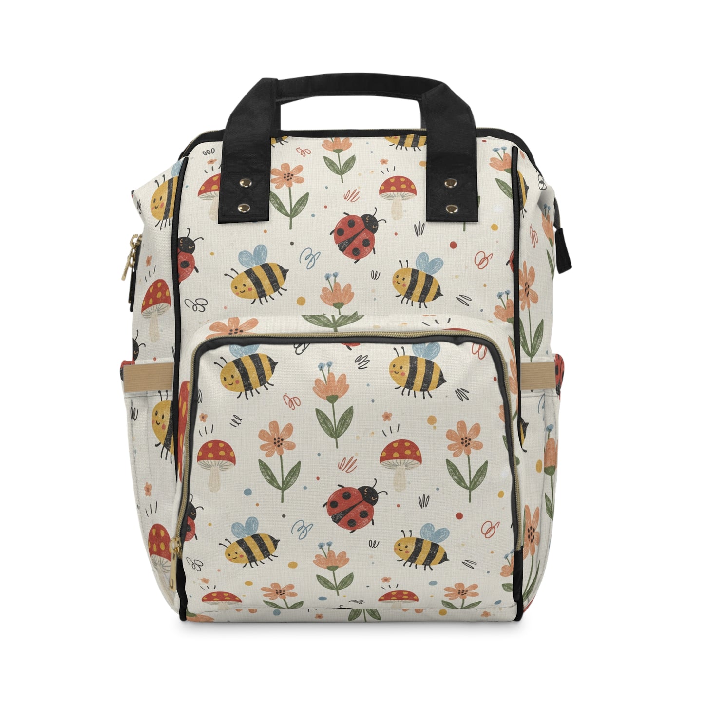 Boho- Cute Bugs Diaper Backpack — Floral Bee & Ladybug Multifunctional Nappy Bag