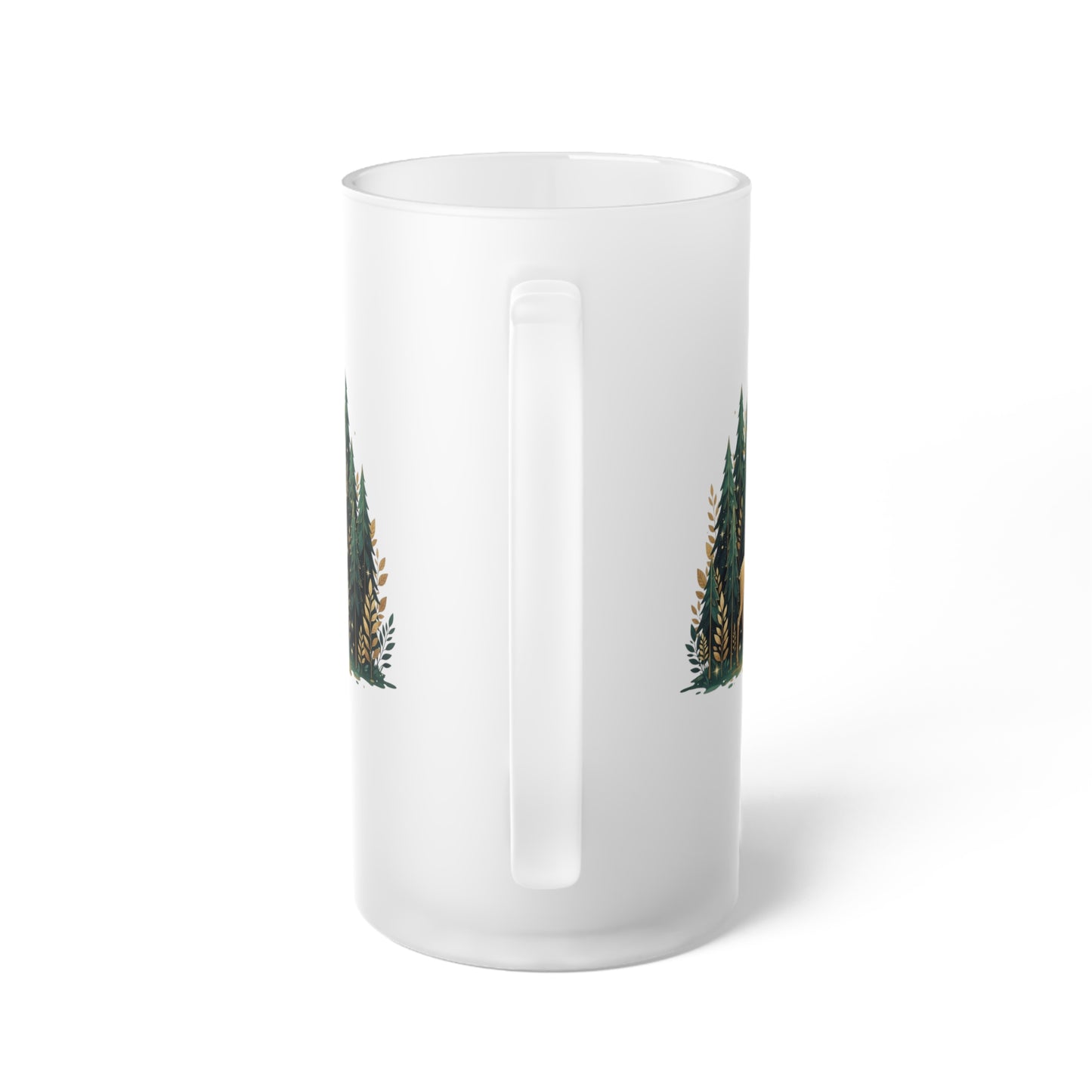 Frosted Beer Stein — Woodland Moose & Pine Forest Glass Mug