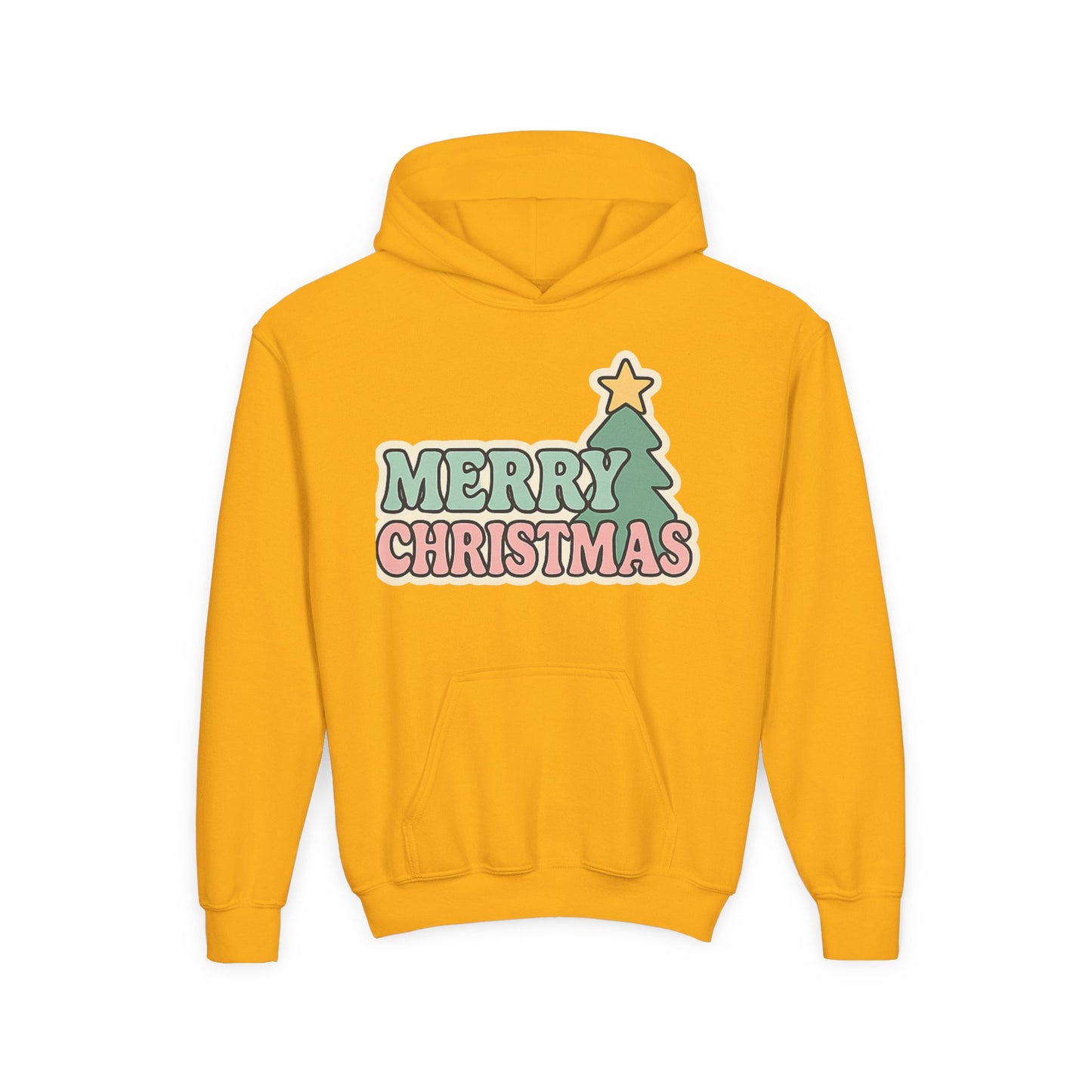 Kids youth Merry Christmas Hoodie — Pastel Tree Holiday Pullover