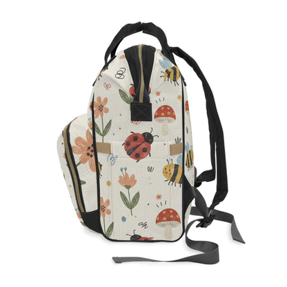 Boho- Cute Bugs Diaper Backpack — Floral Bee & Ladybug Multifunctional Nappy Bag
