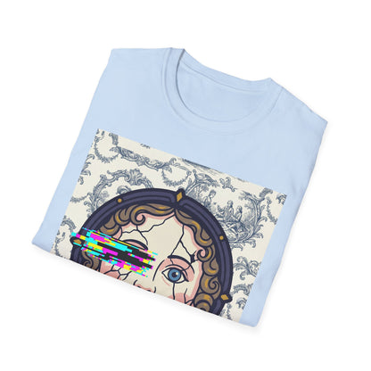 Glitch retro cracked porcelain doll face- Rococo Smartphone Toile - T-Shirt — Retro Mythology Art Tee