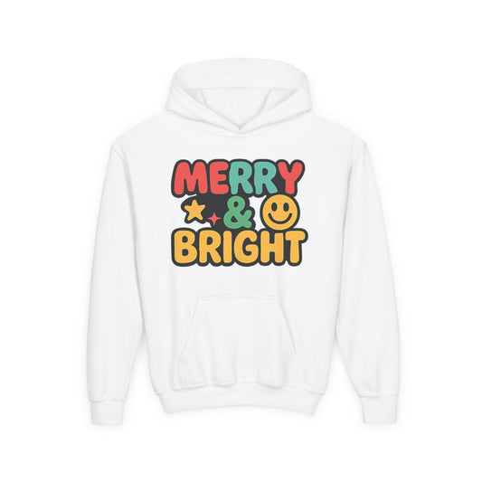 Youth Hoodie — 'Merry & Bright' Colorful Holiday Kids Sweatshirt