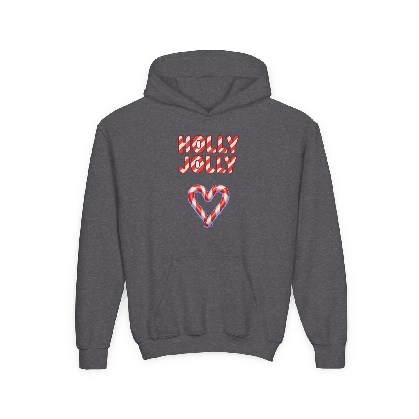 Youth Hoodie — "Holly Jolly" Candy Cane Heart Christmas Sweatshirt