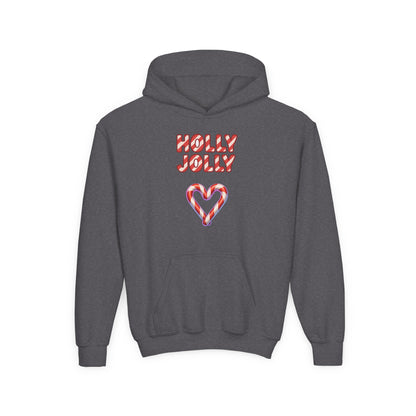 Youth Hoodie — "Holly Jolly" Candy Cane Heart Christmas Sweatshirt