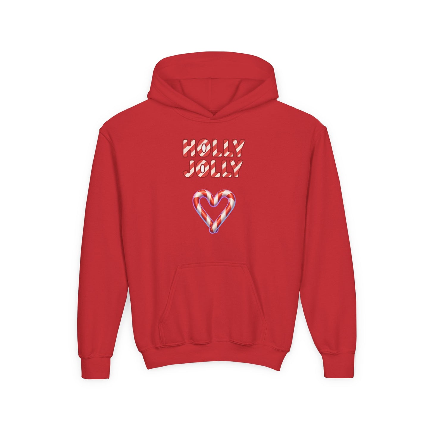 Youth Hoodie — "Holly Jolly" Candy Cane Heart Christmas Sweatshirt