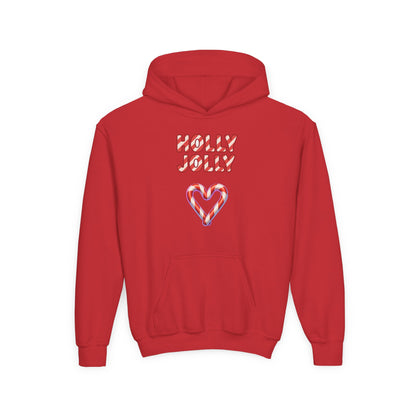Youth Hoodie — "Holly Jolly" Candy Cane Heart Christmas Sweatshirt