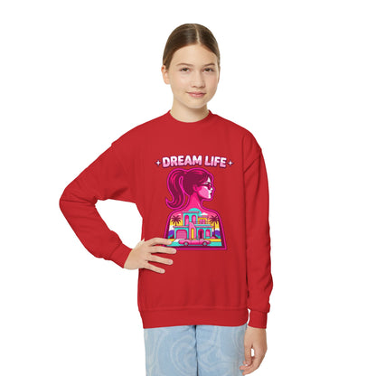 “Dream Life” girls “Barbie style” Youth Crewneck Sweatshirt — Retro Sunset Girl Graphic