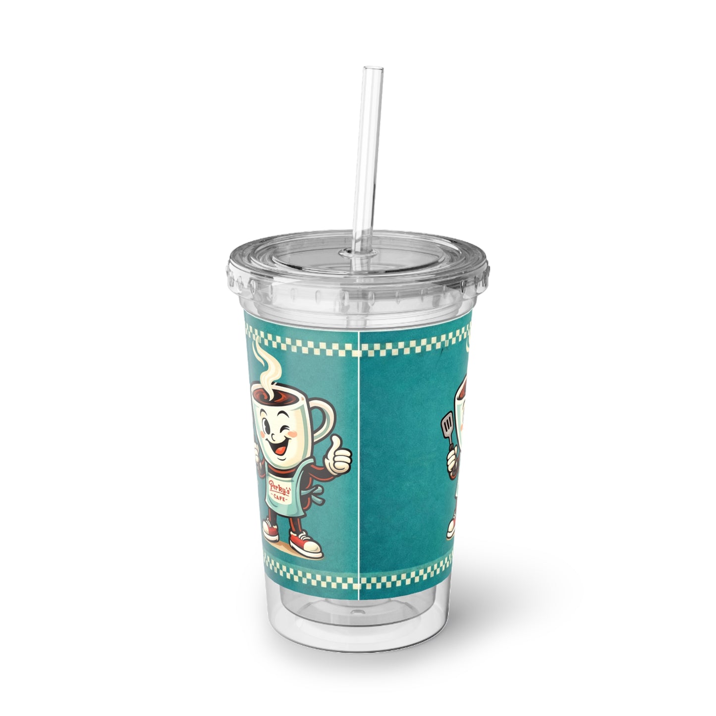 Perky’s Cafe KS -Retro diner charm in a lightweight 16oz double-walled acrylic cup. Cold up to 24 hrs, warm up to 12. BPA-free with lid + reusable straw.(free shipping)