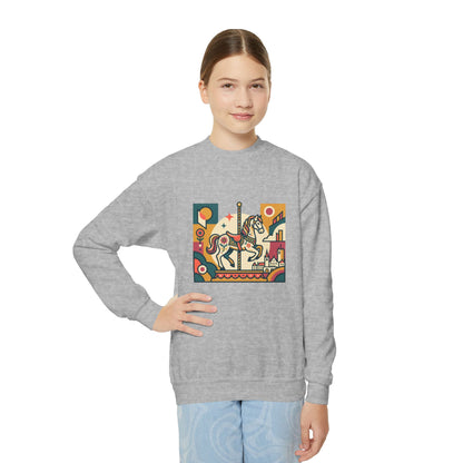 Youth Crewneck Sweatshirt — Retro Carousel Horse Graphic