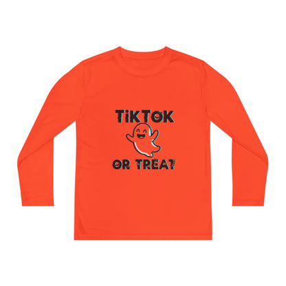 TikTok Halloween Long Sleeve Tee, Youth Costume Shirt, Spooky Apparel, Trick or Treat Top, Youth Ghost Halloween Shirt