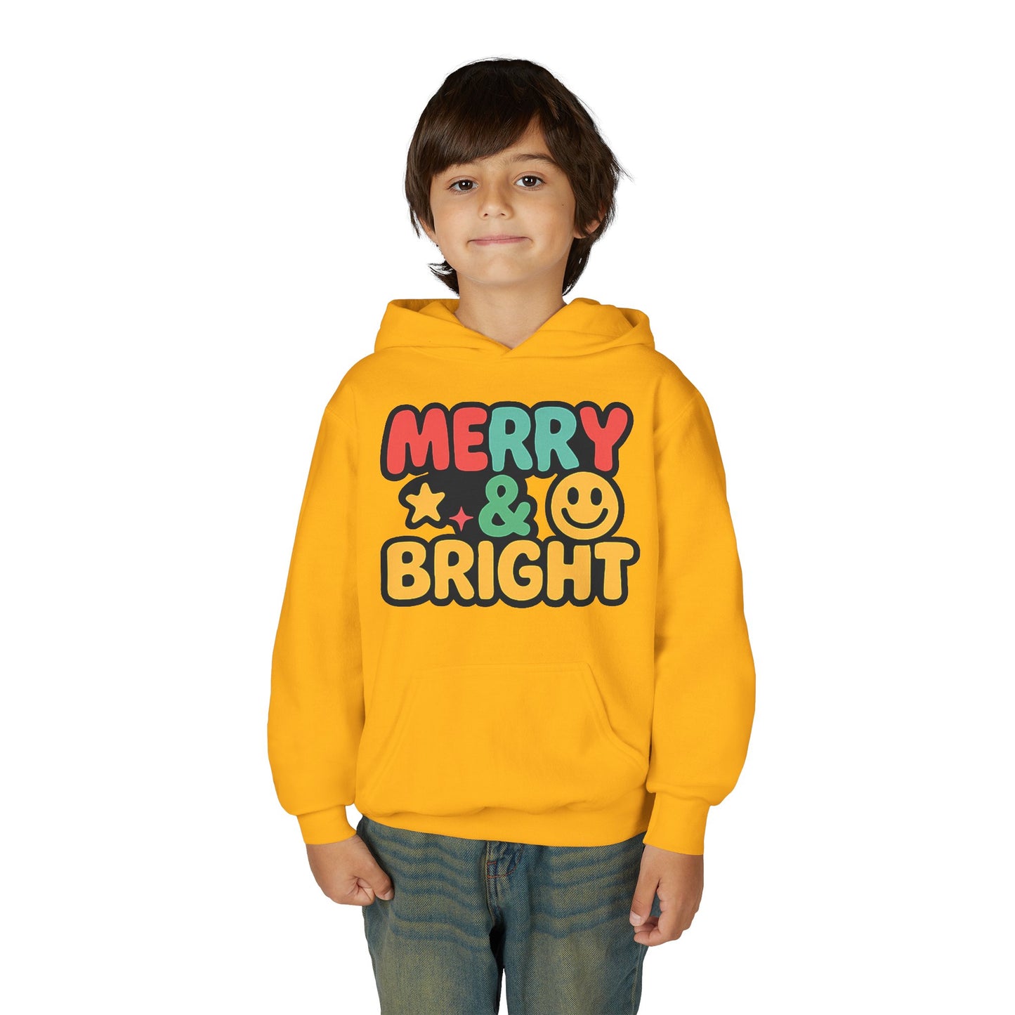 Youth Hoodie — 'Merry & Bright' Colorful Holiday Kids Sweatshirt
