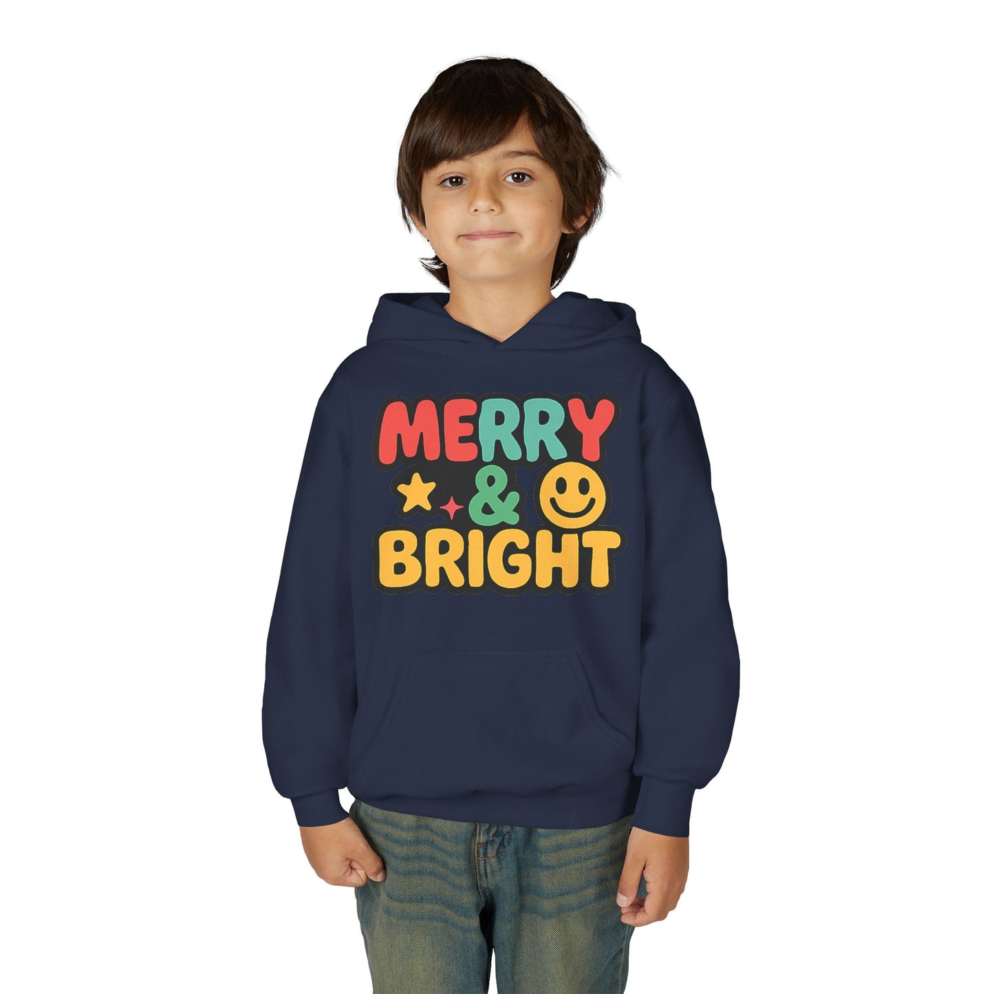Youth Hoodie — 'Merry & Bright' Colorful Holiday Kids Sweatshirt