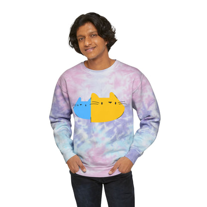 Cute Split Cat Tie-Dye Sweatshirt — Blue & Yellow Cat Graphic Crewneck