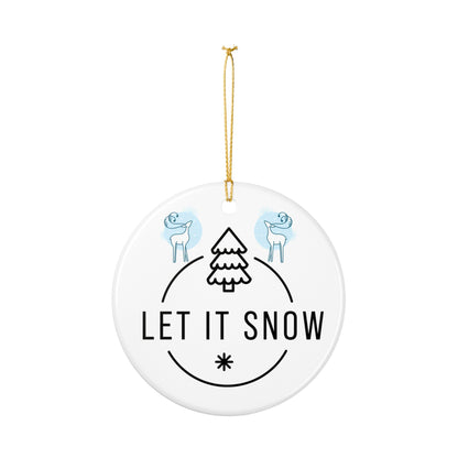Let It Snow Ceramic Ornament — Blue Holiday Tree & Reindeer Decoration