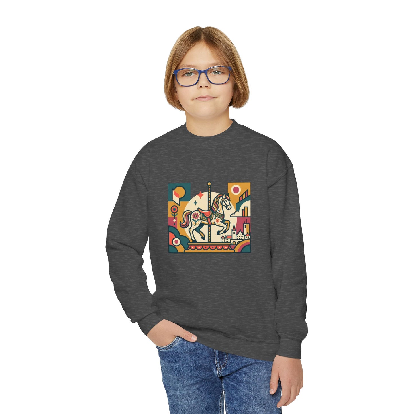Youth Crewneck Sweatshirt — Retro Carousel Horse Graphic