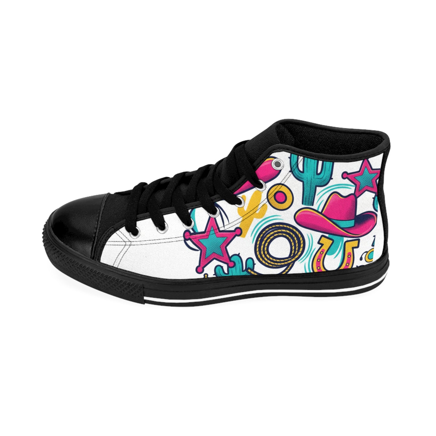 Men's High-Top Sneakers — Colorful Retro Western Pattern (Cowboy Hat, Cactus, Horseshoe) (free shipping)