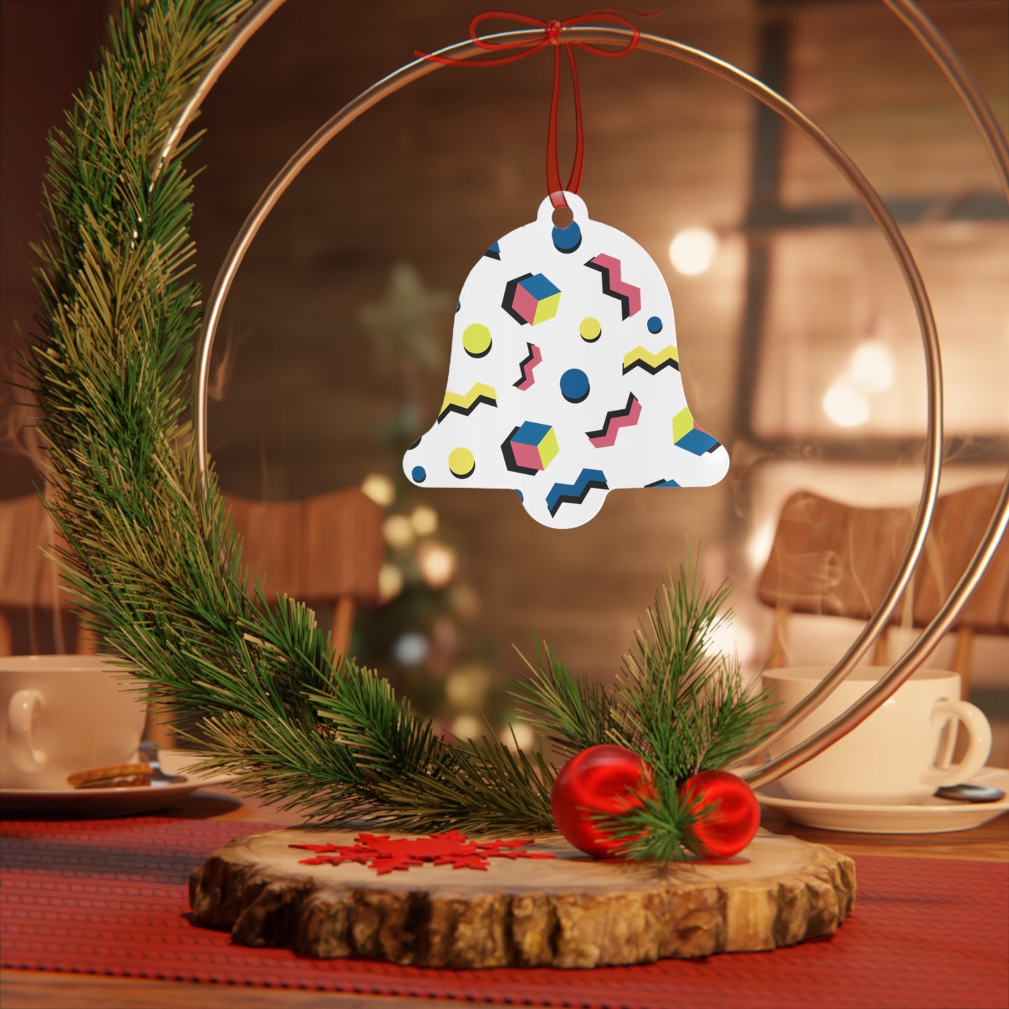 Memphis Geometric Metal Ornament — 80s Retro Bell Decoration
