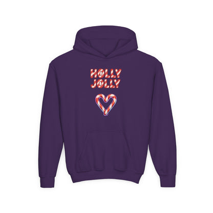 Youth Hoodie — "Holly Jolly" Candy Cane Heart Christmas Sweatshirt