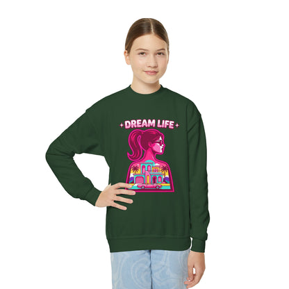 “Dream Life” girls “Barbie style” Youth Crewneck Sweatshirt — Retro Sunset Girl Graphic