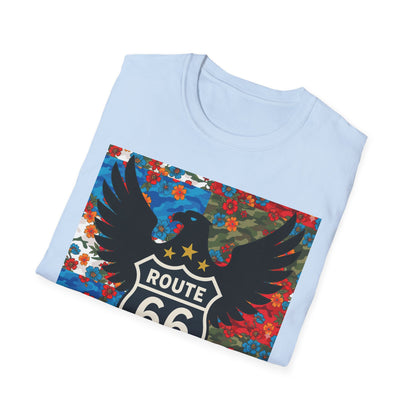Route 66 Made in USA T-Shirt — Vintage Eagle Floral Roadtrip Tee- camo flower combo T-shirt