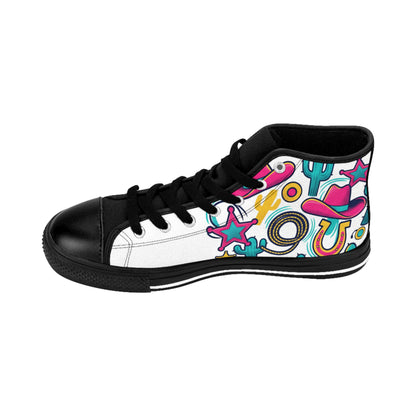 Men's High-Top Sneakers — Colorful Retro Western Pattern (Cowboy Hat, Cactus, Horseshoe) (free shipping)