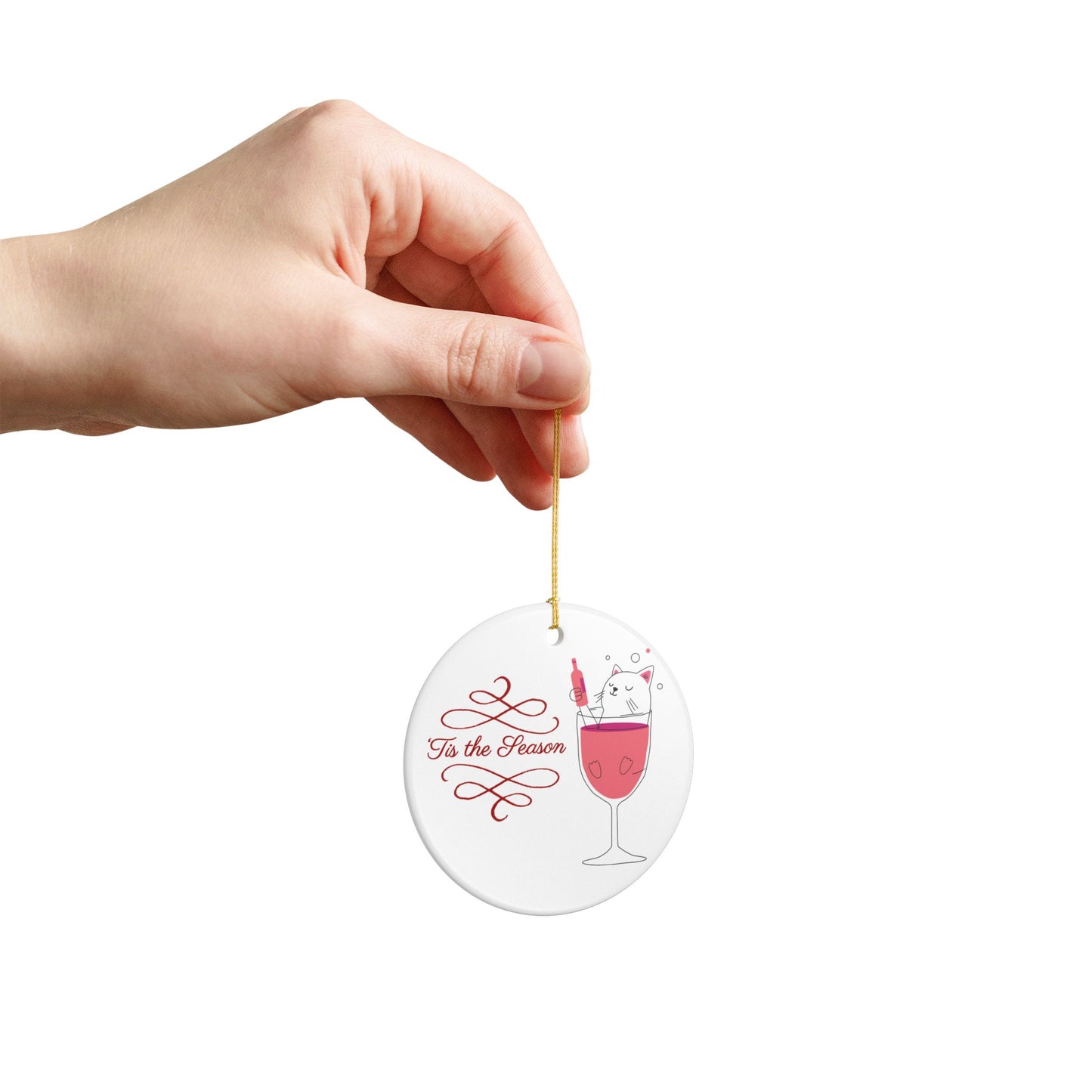 Ceramic Ornament — 'Tis the Season Wine Cat Holiday Decoration