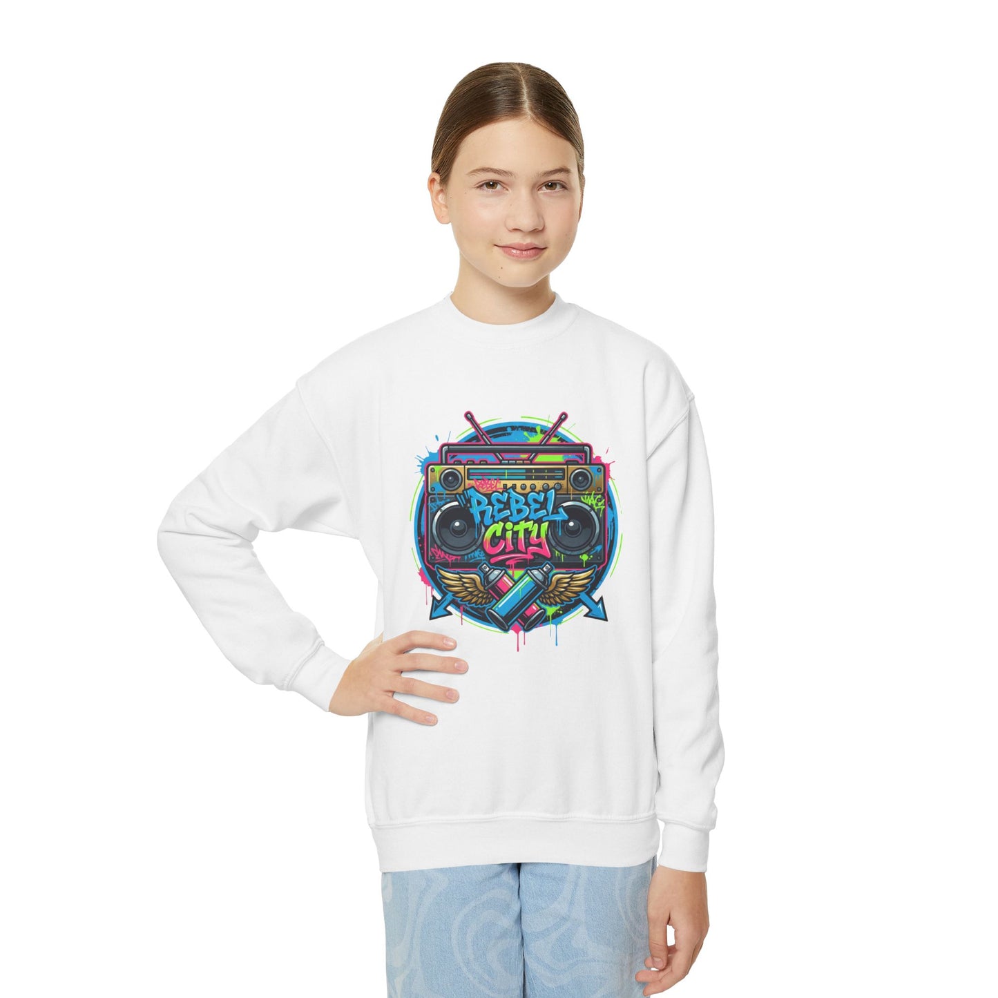 Youth Crewneck Sweatshirt — Vibrant Retro Boombox “Rebel With” spray paint Graphic
