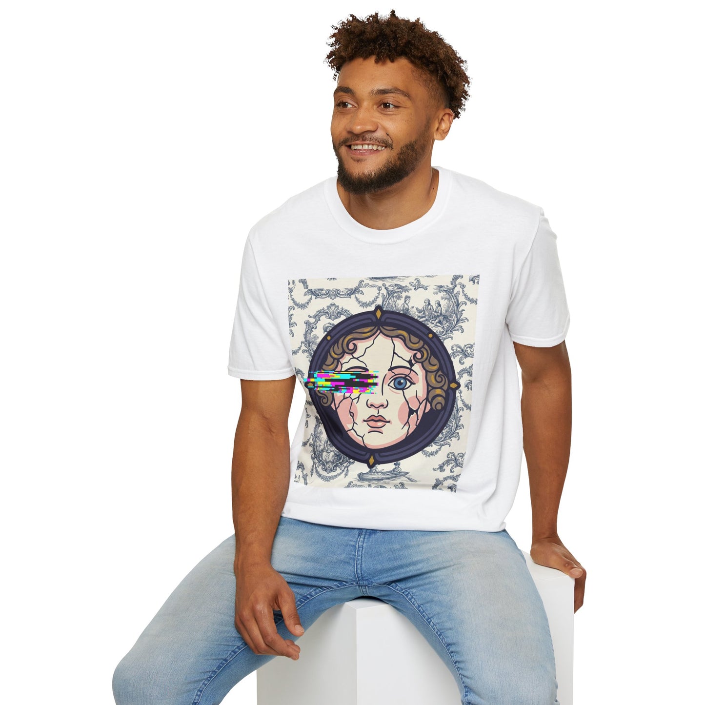 Glitch retro cracked porcelain doll face- Rococo Smartphone Toile - T-Shirt — Retro Mythology Art Tee