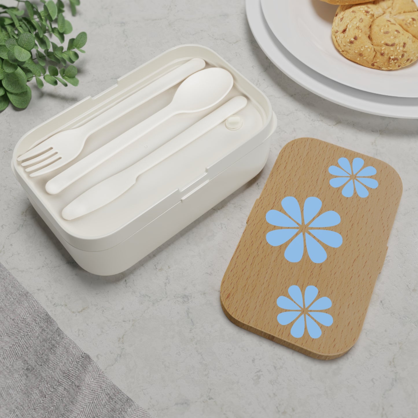 Wooden light blue Flower Design Bento Lunch Box