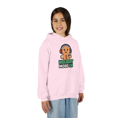 Youth Hoodie — 'Holiday Mode On' Gingerbread Headphone Christmas Sweatshirt
