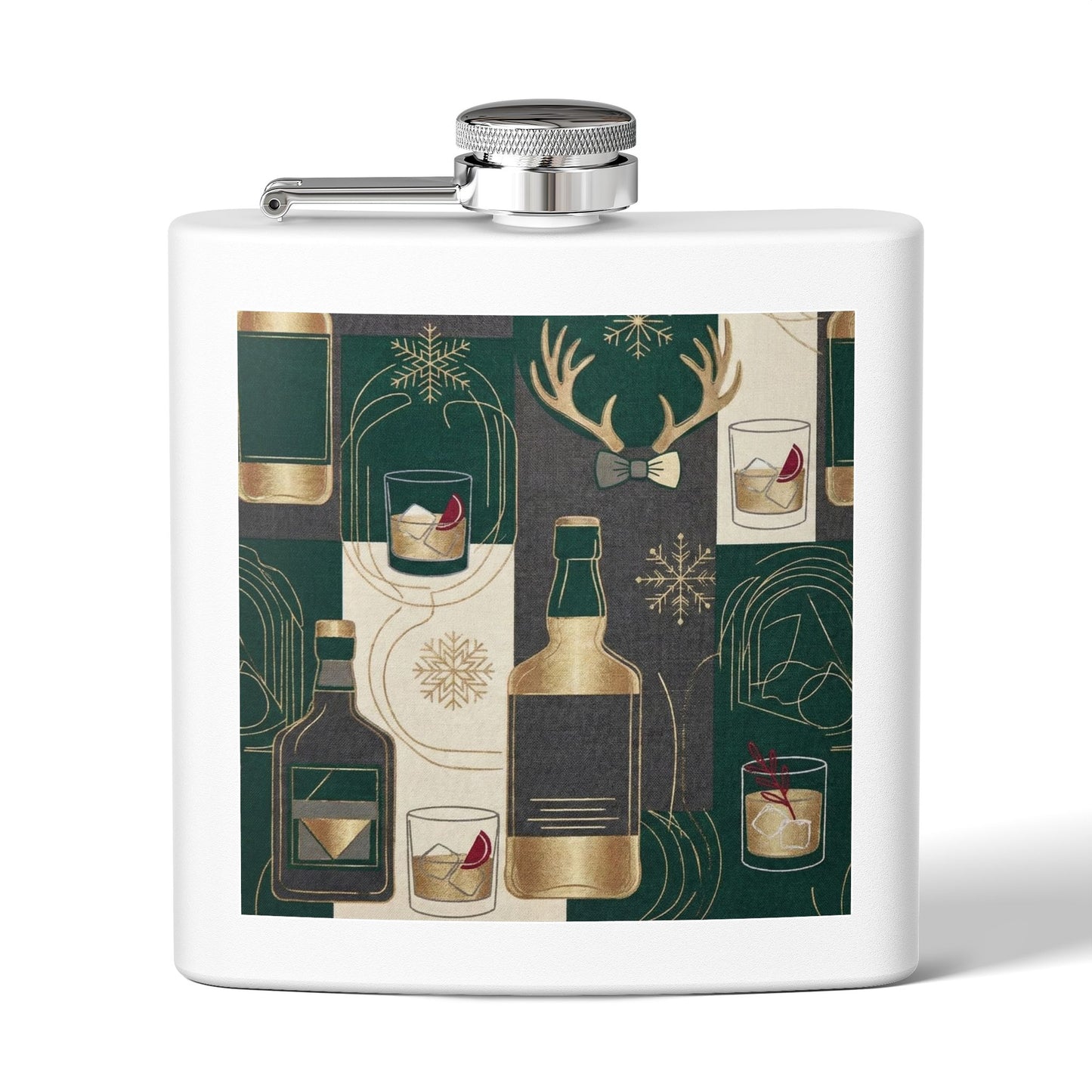 Whiskey Night Stainless Steel Flask — 6oz Holiday Spirits Design ( free shipping)