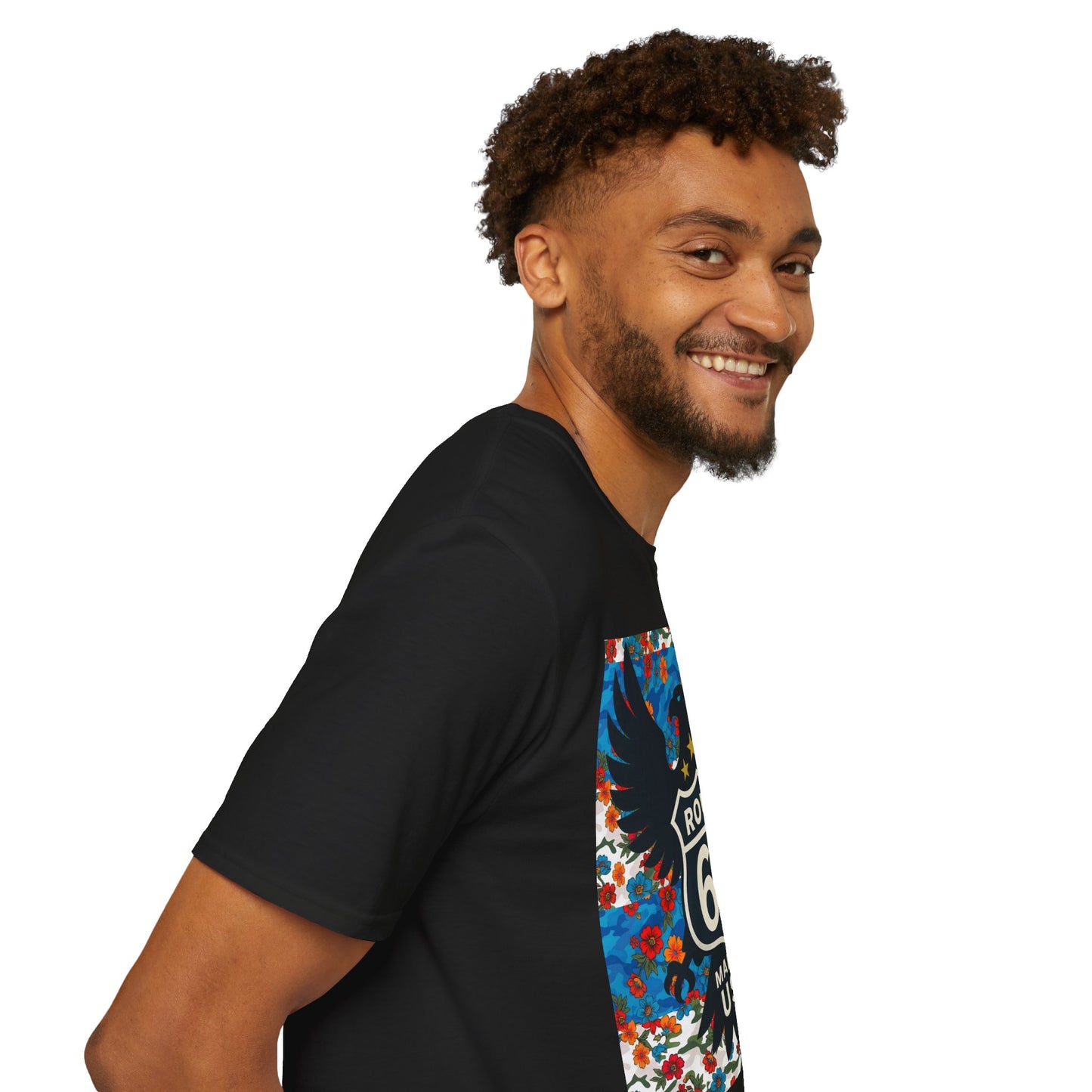 Route 66 Made in USA T-Shirt — Vintage Eagle Floral Roadtrip Tee- camo flower combo T-shirt