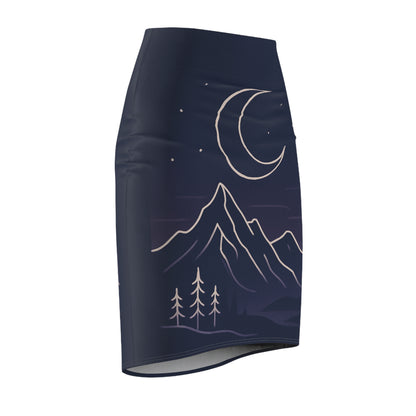 Moonlit Mountain Pencil Skirt — Night Sky Scenic AOP