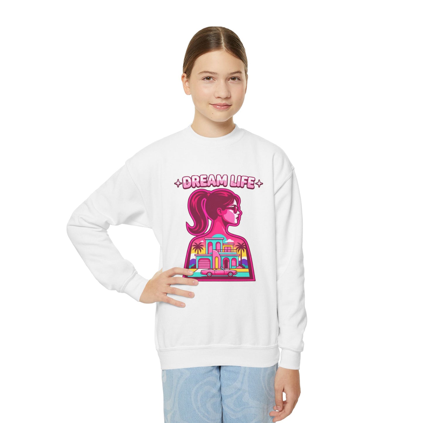 “Dream Life” girls “Barbie style” Youth Crewneck Sweatshirt — Retro Sunset Girl Graphic
