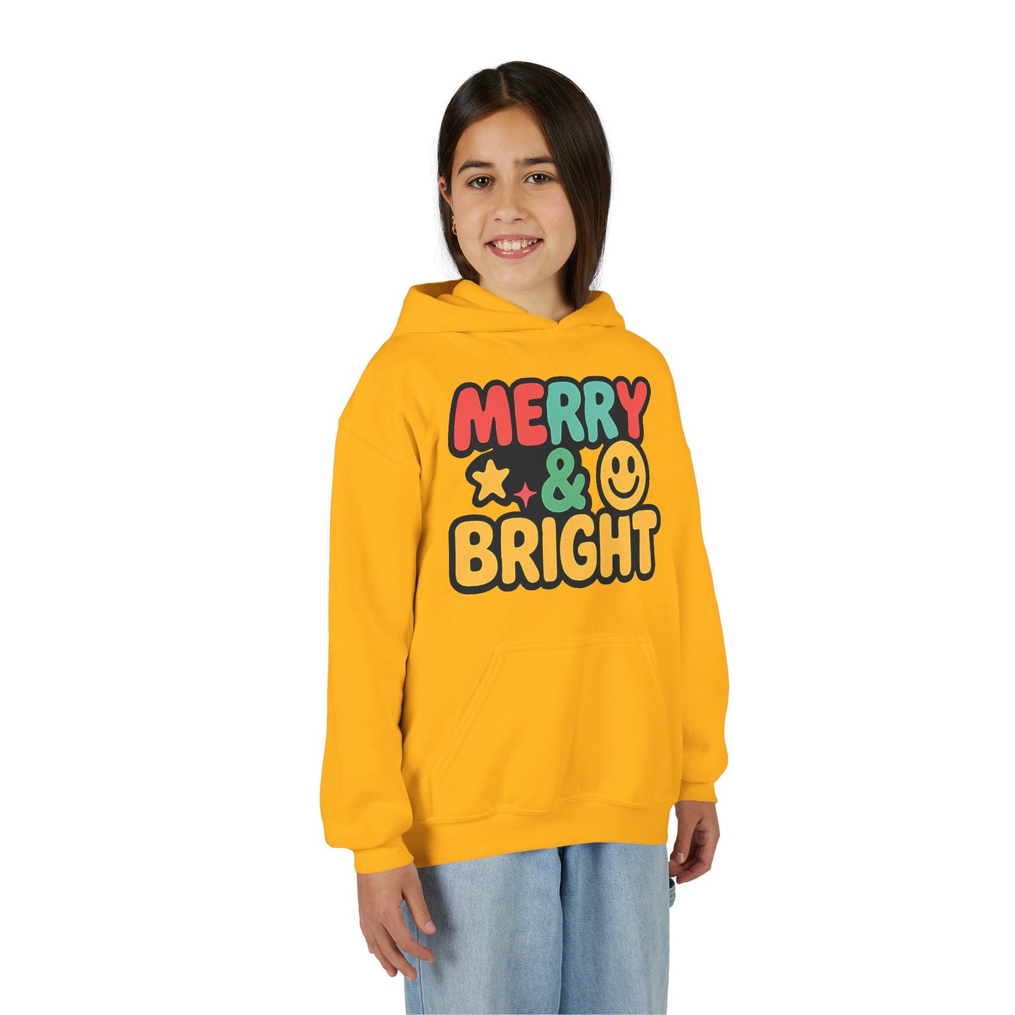 Youth Hoodie — 'Merry & Bright' Colorful Holiday Kids Sweatshirt