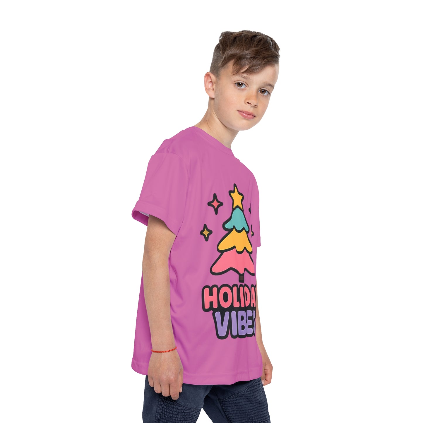 Kids Holiday Vibes Jersey — Cute Pink Christmas Tree Sports Tee