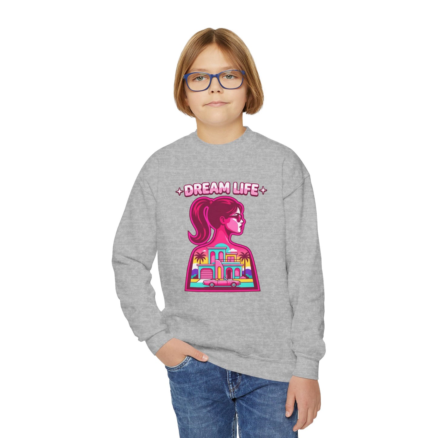 “Dream Life” girls “Barbie style” Youth Crewneck Sweatshirt — Retro Sunset Girl Graphic