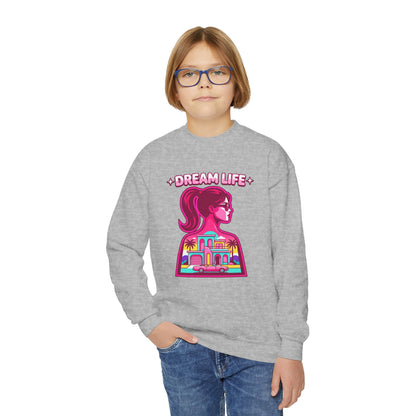 “Dream Life” girls “Barbie style” Youth Crewneck Sweatshirt — Retro Sunset Girl Graphic